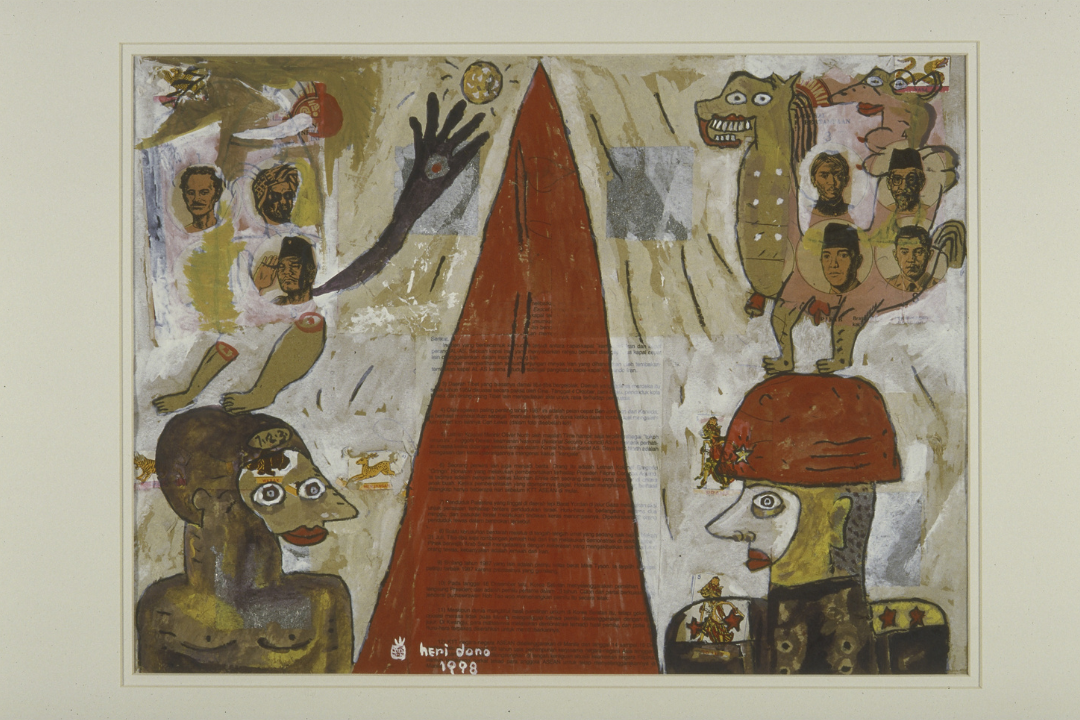 Heri Dono. ‘Two Party Border.' 1998. Acrylic and collage on paper. 36 x 48 cm. Collection of Singapore Art Museum.