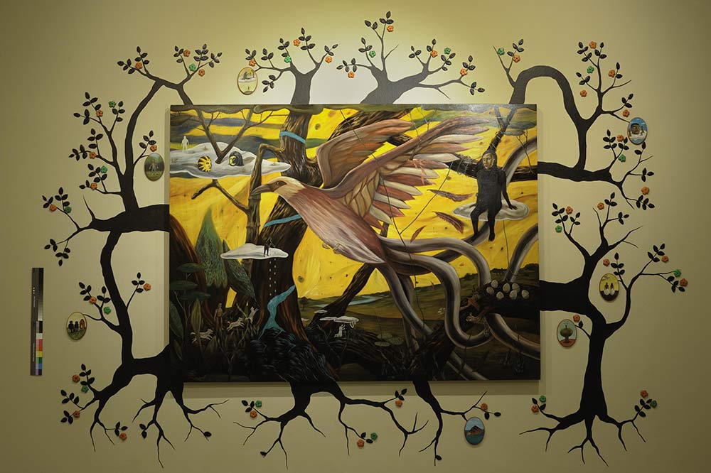 Rodel Tapaya. ‘The Creation Myths.’ 2009. Acrylic on canvas, acrylic on wood, ceramic (leaves and flowers). 330 x 440 cm. Collection of Singapore Art Museum.