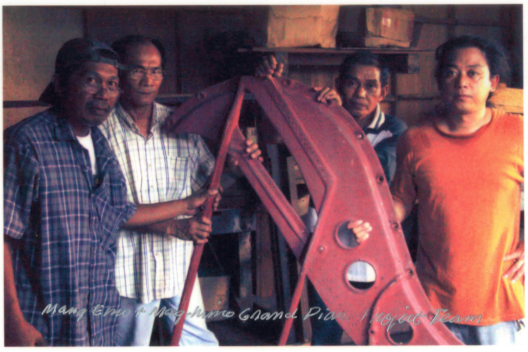 The piano-makers involved in the 'Mang Emo + Mag-himo Grand Piano Project'. From left to right: Jaime Pastorfide, Sabas Rabino, Jr., Tranquilino Tosio, Jr., and Alwin Reamillo. Image taken from Arvin and Alwin Reamillo’s photo archive, courtesy of Arvin Reamillo.